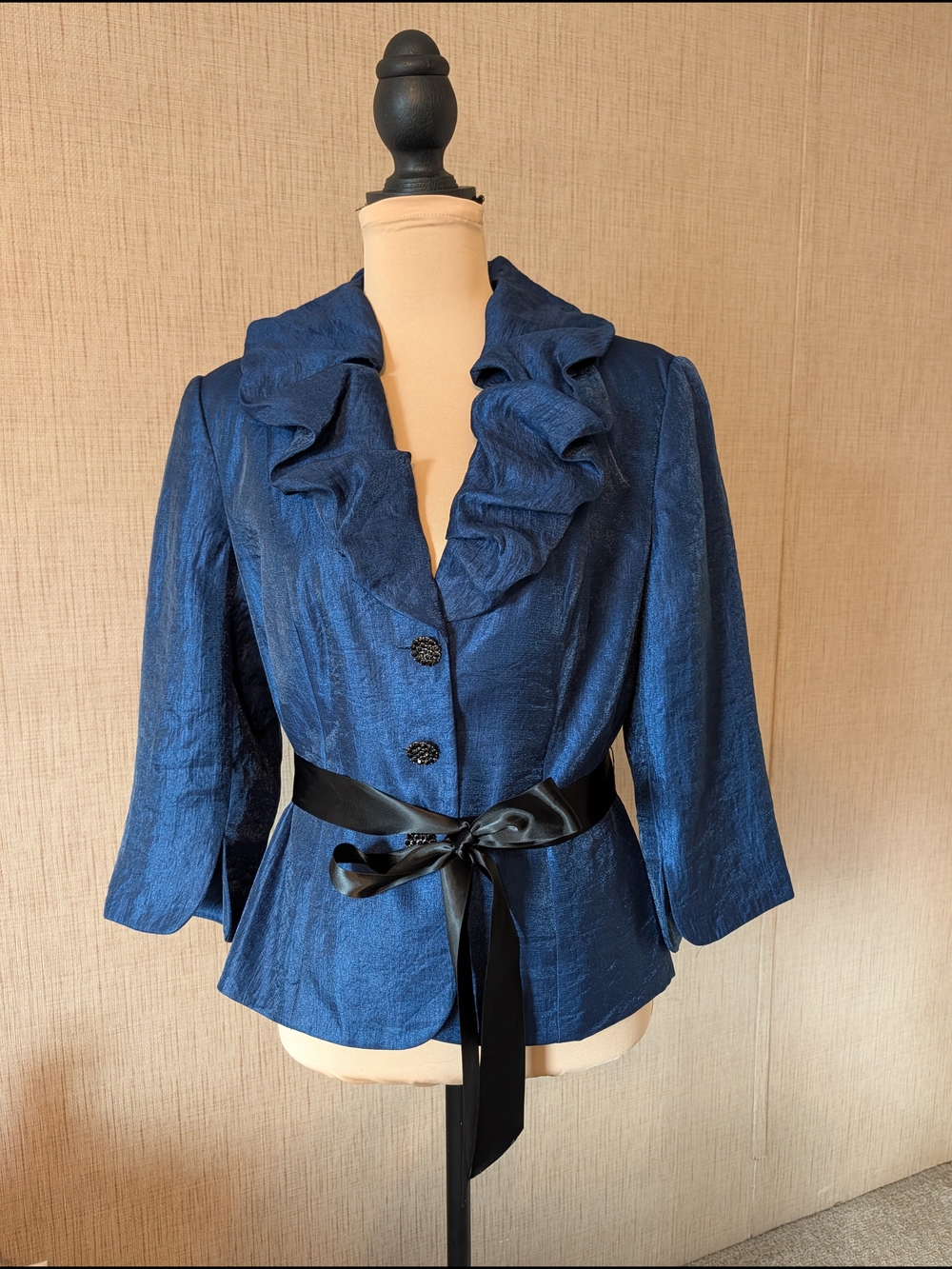 Adrianna Papell Navy Shimmer Ruffled Collar Blazer with Satin Tie
